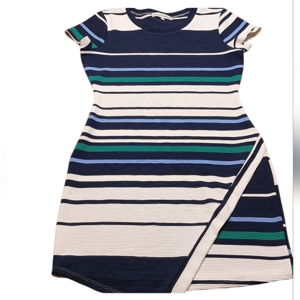 Almost Famous Form Fitting Striped Dress L EUC Blue White Green Y2K